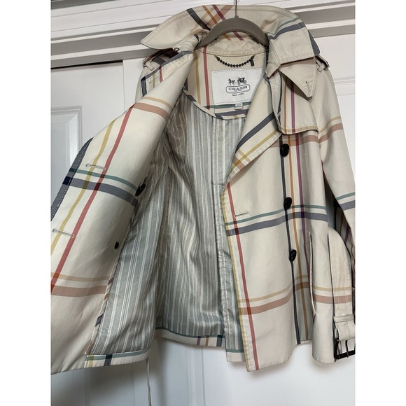 Coach, Women's Tattersall Plaid Belted Short Classic Lined TrenchCoat, size XS - Picture 6 of 10